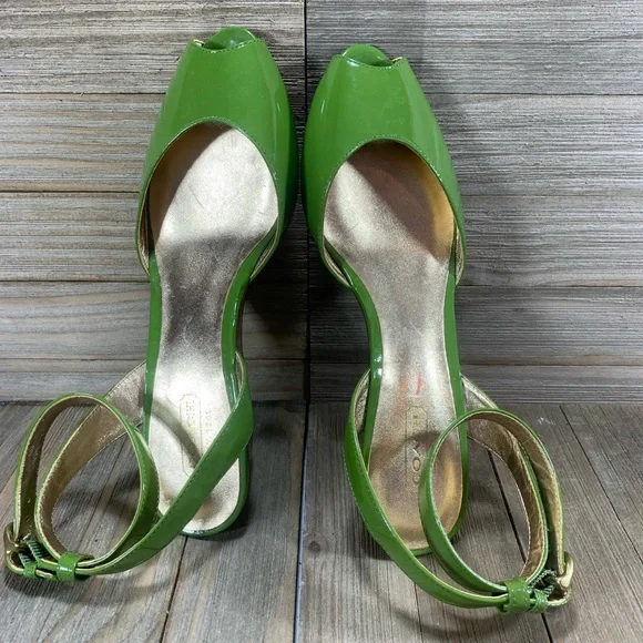 COACH Mackenzie Peep-Toe Wedges Green Gold Womens Size 6B Shoes - Picture 5 of 9
